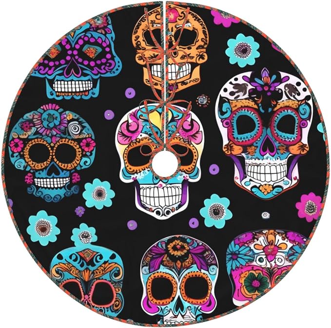 Sugar Skull Print Christmas Scalloped Tree Skirt, Farmhouse Style Tree Carpet for Xmas Indoor Holiday Decor - skull carpet