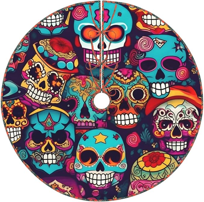 Sugar Skulls Print Christmas Scalloped Tree Skirt, Farmhouse Style Tree Carpet for Xmas Indoor Holiday Decor - skull carpet