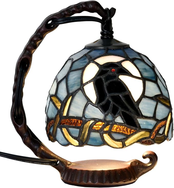 Bieye L12011 Raven Tiffany Style Stained Glass Mini Table Lamp, 7Wx5.5Dx8H