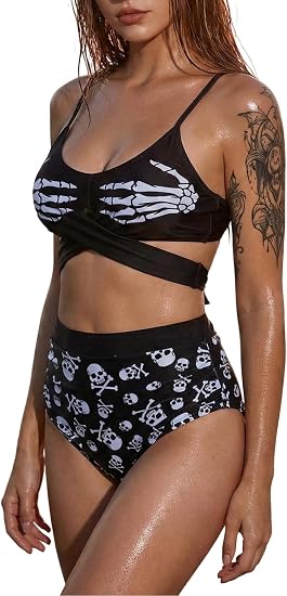 DRESSFO Women's Gothic Bikini Set – High Waisted 2 Piece Swimsuit with Tummy Control - skull swimsuit