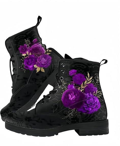 Women's Printed Short Boots Lace-up Block Heel Combat Ankle Booties for Girls Ladies Autumn and Winter Shoes Rose Skull Butterfly FLowers Cartoon Pattern - sugar skull costume