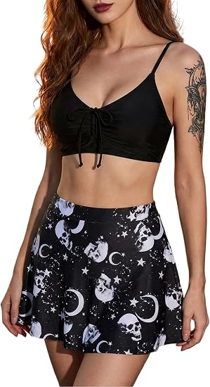 DRESSFO Women Skull Star Moon Tankini Swimsuit Gothic Cinched Bowknot Bathing Suit with Skirt - skull swimsuit
