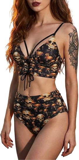 DRESSFO Skulls Mushroom Tankini Swimsuit Women High Waisted Ruched Lace Up Bathing Suits - skull swimsuit
