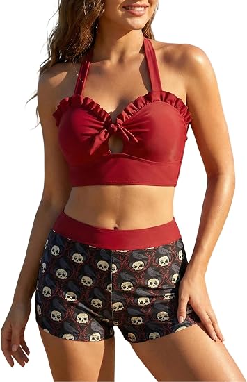 DRESSFO Skull Crow Tankini Swimsuit Ruffles Halter Backless Boyshort 2 Piece Bathing Suit - skull swimsuit