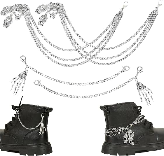 Charunee 4Pcs Punk Style Skull Boots Chains Goth Chains for Shoes Charms Accessories Shoelaces Decoration for Boot Sneaker Bag Handbags Pants Chain Keychain Cool Party for Girl Women