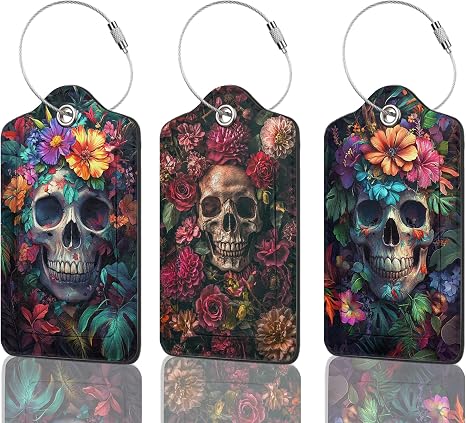 Luggage Tags for Suitcases Durable Leather Luggage Tags Cute Travel Name Tags for Cruise Ships Travel Essentials 3 Pack (Skull Flowers) - skull suitcase