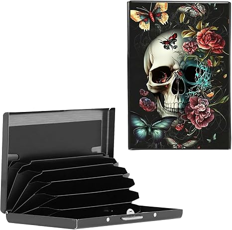 6-Slot Metal RFID Credit Card Holder,Butterfly Skull Flower - skull wallet