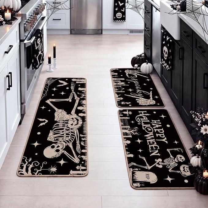 Drydiet 3 Pcs Halloween Kitchen Rug and Mat Spooky Skeleton Floor Mat - skull floor mat
