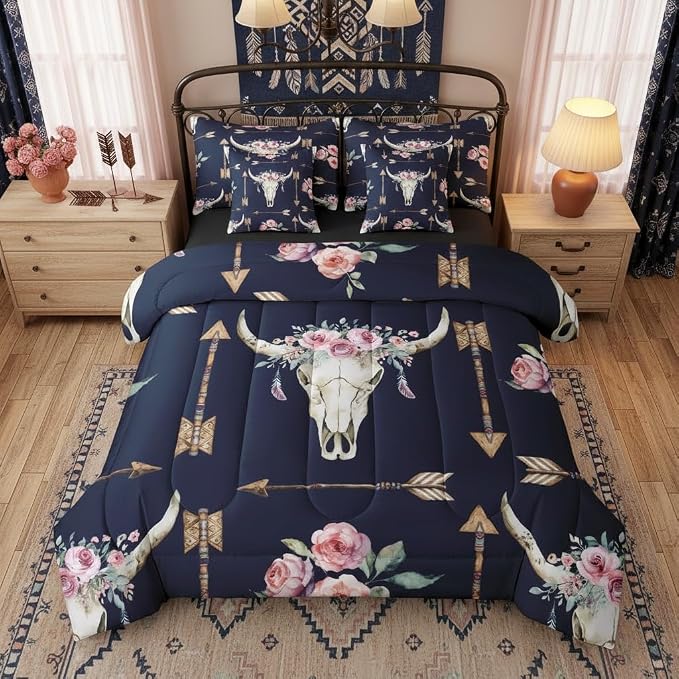 Erosebridal Bull Skull 7 Piece Bedding Set Queen Boho - skull bedding