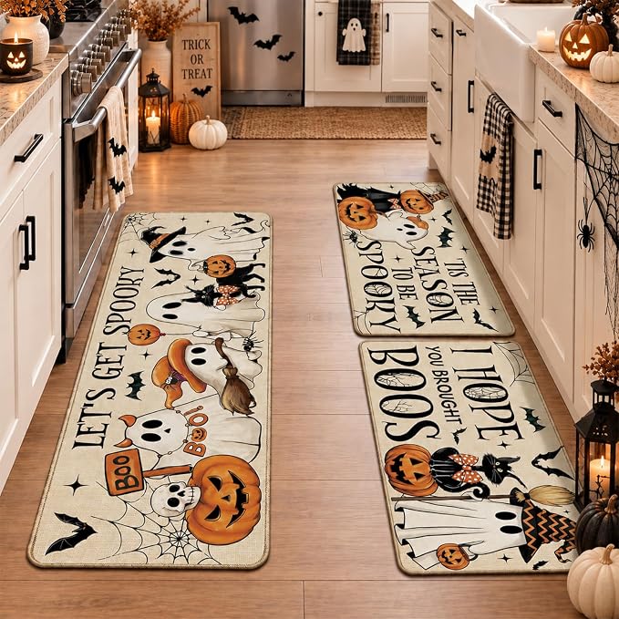 Drydiet 3 Pcs Halloween Ghost Kitchen Rug and Mat Boo Spooky Floor Mat - skull floor mat