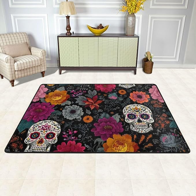 Area Rug Non-Slip Floor Mats Sugar Skulls Black Floral Flowers Rugs for Living Room Doormat Vintage Living Room Rug Floor Carpet Washable Rugs for Bedroom Dining Home Decor Large Carpet 36 X 24 Inch - skull carpet