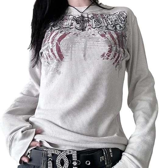 Y2K Grunge Graphic T-Shirt Women Vintage Goth Long Sleeve Pullovers Tops - skull jacket