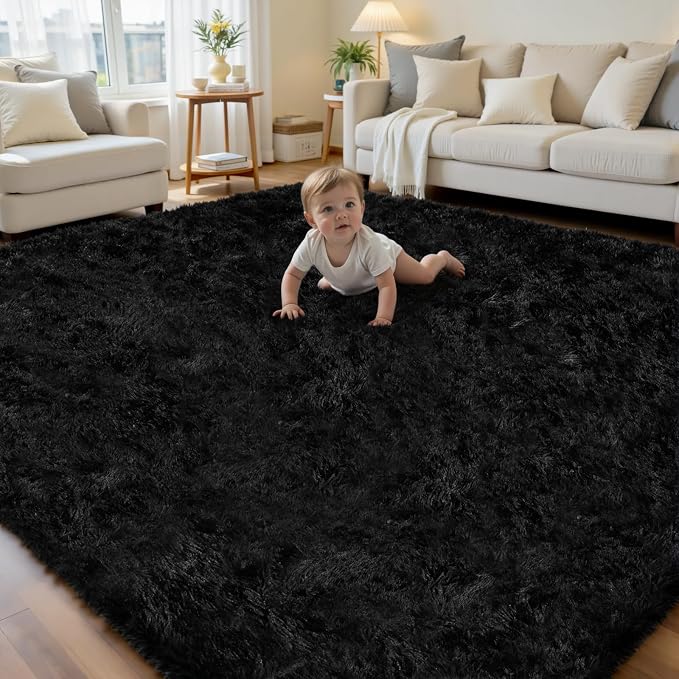 6×9 Black Fluffy Fuzzy Shag Area Rug for Living Room, Bedroom, Dorm Carpet