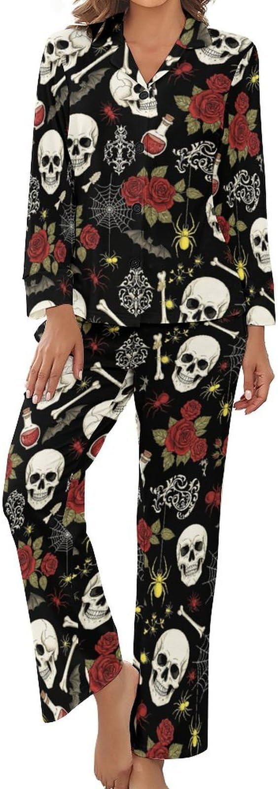 Women Button Down Pajamas Set - skull pajamas