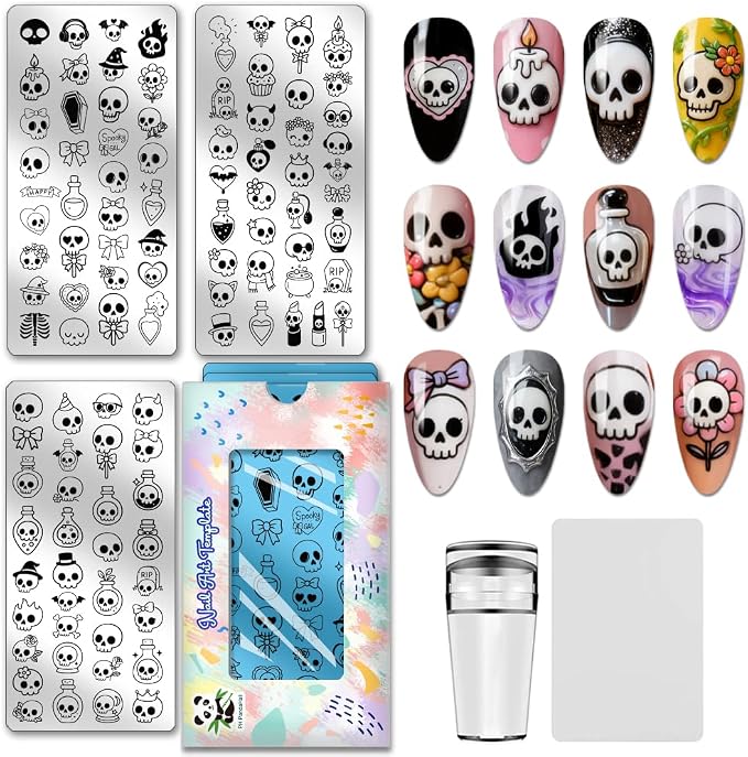 PH PandaHall 3pcs Cartoon Skull Nail Stamping Plates, Spooky Skull Vial Nail Art Templates Gothic Style Stainless Steel Image Plate Art Stencils with Tool for DIY Print Manicures Salon Design Decor - skull plate