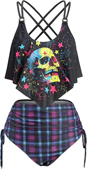 ROSE GAL Plus Size Womens Gothic Curvy Two Piece Tankini Swimsuts Set Skulls Stars Padded Tankini Set - skull swimsuit