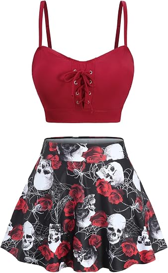 ROSE GAL Plus Size Womens Gothic Three Piece Bikini Set Swimsuit Padded 3 Piece Tummy Control Skirted Bathing Suits - skull swimsuit