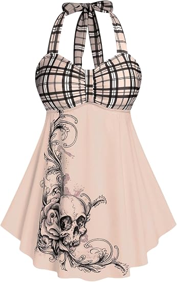 ROSE GAL Womens Plus Size Curve Halter Plaid Skull Print Backless Gothic Modest Tankini Swimsuit Set - skull swimsuit