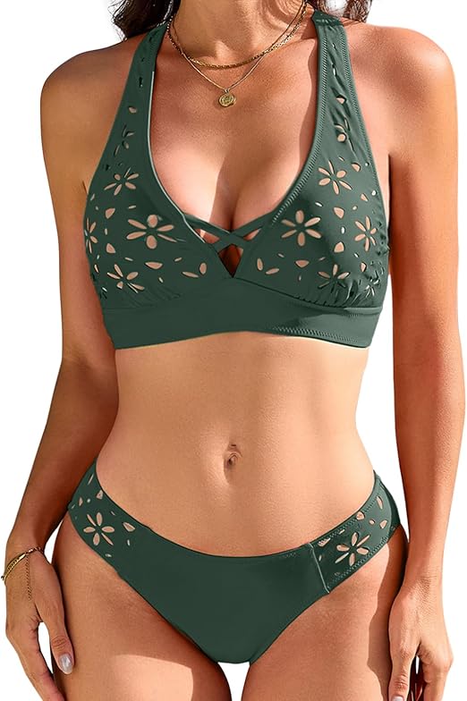 RIHOAS Bikini Sets for Women Two Piece Bikini Swimsuits Modest Petal Hollow V Neck Top and Low Rise Bottom - skull swimsuit