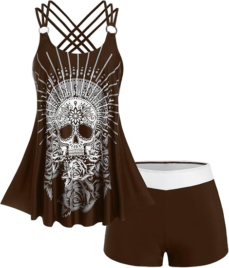 Rosegal Womens Plus Size Modest Skull Rose Print Rings Crisscross Boyshorts Tankini Swimsuit Set - skull swimsuit