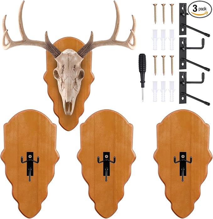 3 Deer Skull Mount, Natural Wood Color, 14.17 x 7.48 x 0.59 Inches, Modern - skull plate
