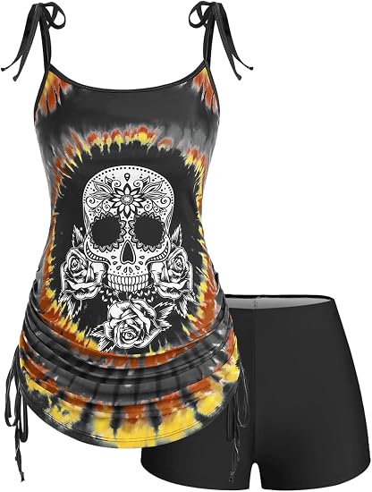 Rosegal Womens Plus Size Skull Rose Tie Dye Print Cinched Ruched Tie Boyshorts Tankini Swimsuit Set - skull swimsuit