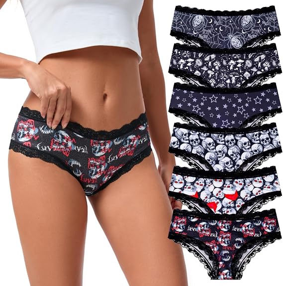 TenderTouch Women's Gothic Hipster Panties 6 Pack Soft Lace Underwear - skull swimsuit