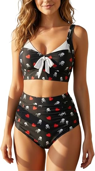 DRESSFO Women Gothic Skull Heart Tankini Swimsuit Bowknot Ruched High Waisted Bathing Suit - skull swimsuit