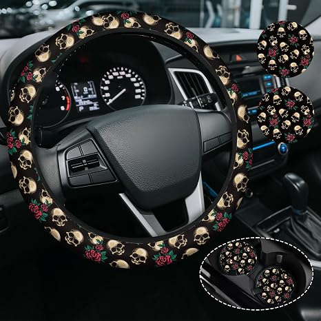Red Rose Skull Steering Wheel Cover, Non-Slip Neoprene Steering Wheel Cover, Funny Car Accessory for Women Men, Universal 15 Inch Fit Auto, SUVS, Includes 2 Ceramic Cup Coasters - skull coaster