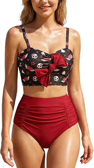 DRESSFO Skulls Heart Stars Tankini Swimsuit Ruched Bowknot High Waisted Bathing Suits - skull swimsuit