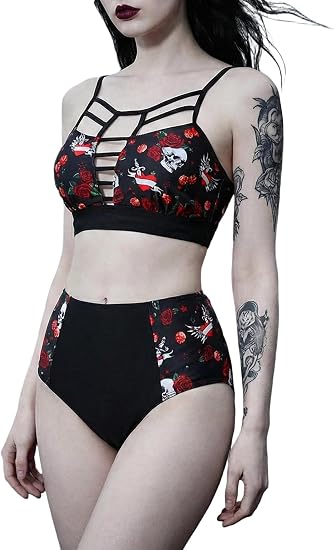 DRESSFO Women's Gothic Tankini Swimsuit – High Waisted 2 Piece Bathing Suit with Tummy Control - skull swimsuit
