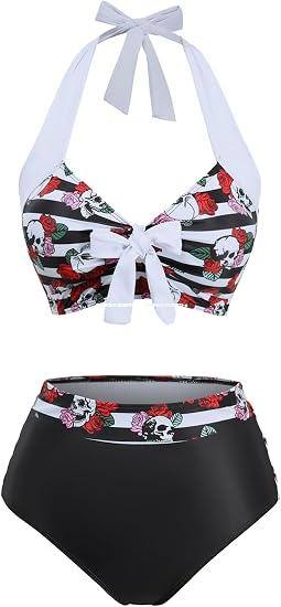 DRESSFO Womens Retro Bikini Set 2 Piece Halter Gothic Skull High Waist Tummy Control Vintage Tankini Bathing Suit - skull swimsuit
