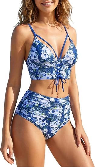 DRESSFO Women Skull Hibiscus Flower Tankini Swimsuit Lace Up Ruched High Waisted Bathing Suit - skull swimsuit