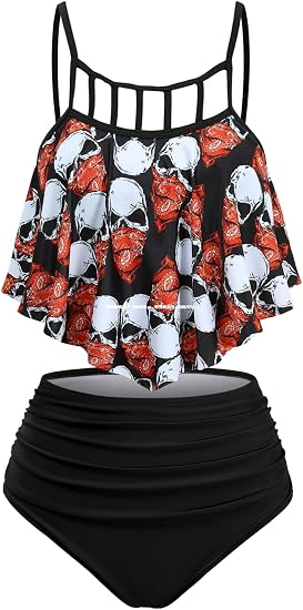 DRESSFO Retro Bikini Sets for Women Two Piece Vintage Gothic Skull Print High Waisted Tankini Swimsuits Bathing Suit