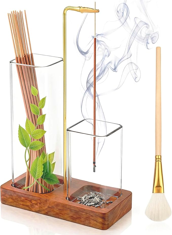 2 in 1 Upside Down Incense Holder Wooden Glass Burner Ash Catcher & Storage - skull incense burner