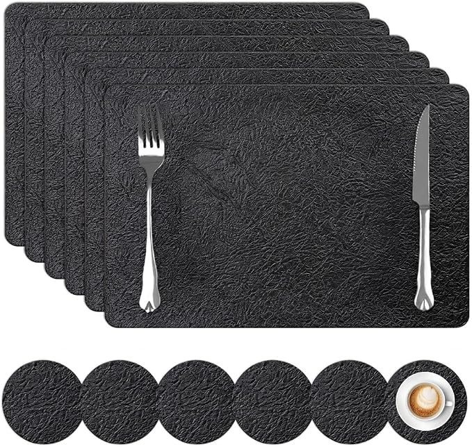 Faux Leather Halloween Placemats Set of 6 with Coasters, 12x17inch Non-Slip Heat Resistant Dual-Sided Black Place Mats, Waterproof Table Mats for Kitchen Dining Party Table Decoration - skull coaster