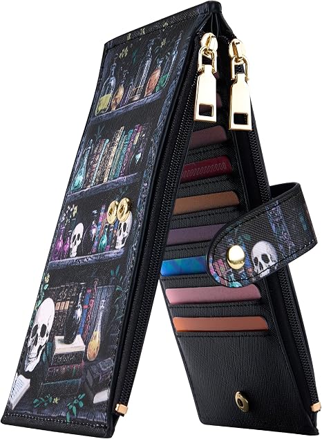 Travelambo RFID Wallet Women Large Size Bifold Multi Card Wallet Case with Zipper Pocke Credit Card Holder for Women - skull wallet