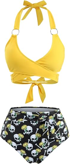 DRESSFO Womens Retro Bikini Set Two Piece Gothic Skull Sunflower Printed Bowknot Halter Vintage Tankini Bathing Suit - skull swimsuit