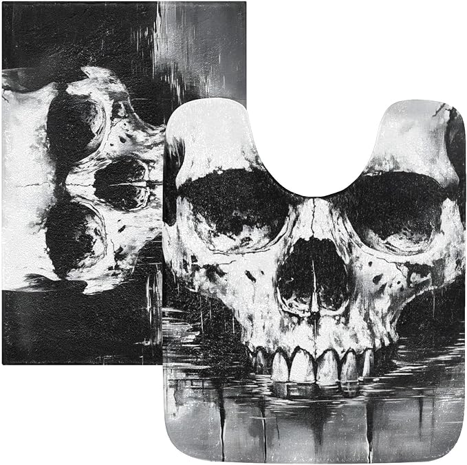 Gothic Skull Black White Bathroom Rug Sets 2 Piece - Super Absorbent, Quick Dry, Soft Plush Anti-Slip. Rectangular (24''x16'') and U-Shaped Toilet Mat (24''x20'') - skull toilet mat