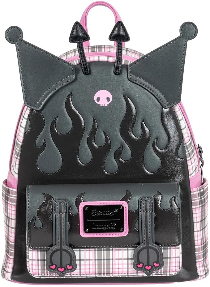 Loungefly Sanrio Kuromi Flames and Plaid Mini-Backpack, 10.5" x 8" x 4.5", Multi-Color, Unisex, Faux Leather, Entertainment Earth Exclusive with 3D Ears and Horns - skull backpack