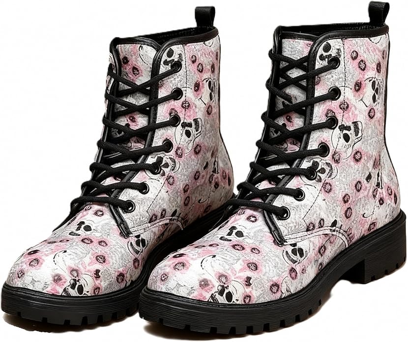Women's Ankle Booties with Graffiti Dog Butterfly Skull Flowers Floral Print Stylish Gothic Combat Boots Platform Lace-up Leather Xmas Boots Halloween Christmas Party - sugar skull boots