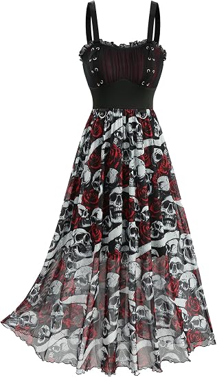 DRESSFO Women Gothic Skull Rose Dress Grommet Lace Up Ruched Ruffles A-Line Tank Midi Dress - sugar skull dress