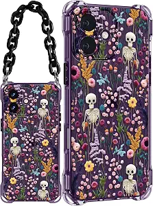 Toycamp Wrist Strap Phone Case, Skull Flower, for iPhone 17 - Skull phone case