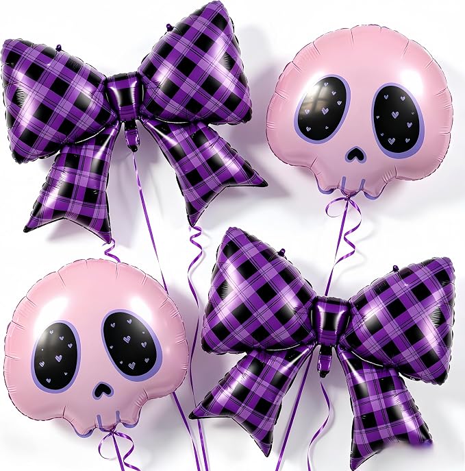 4Pcs Purple Bow Skull Foil Balloons/Kuro*mi Birthday Decorations/Wednesday Ad*dam-s Party Decor/Spooky Cute Party Supplies for Girls, Pastel Goth Halloween/Bad Girl Showgirl Decor - skull inflatable