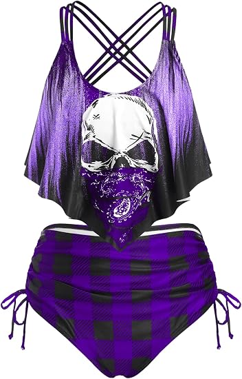 ROSE GAL Rosegal Women Plus Size Gothic Tankini Swimsuit Skull Print Crisscross Flounce Two Piece Bathing Suit