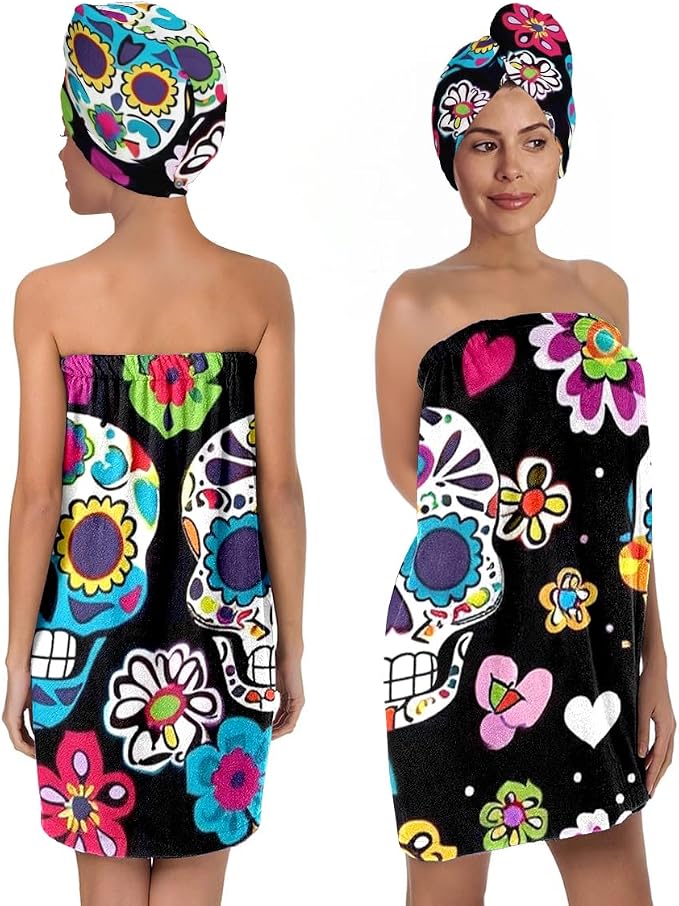 Sugar Skull Bath Wrap Set with Hair Turban, Black Floral Spa Towel Wrap with Matching Head Wrap, Spa Towel Wrap, Towel Robe for Women - sugar skull makeup
