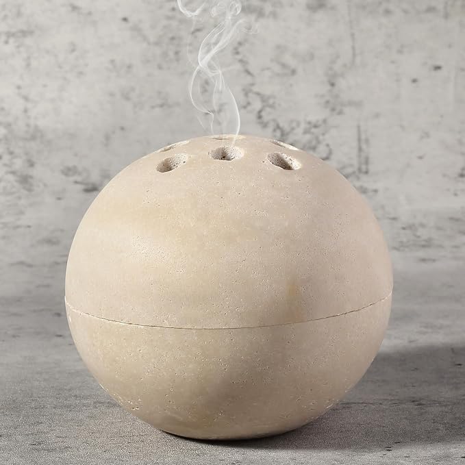 Natural Travertine Incense Burner – 4” Handmade Stone Incense Cone Holder, Minimalist Sphere Incense Burner for Home Decor, Meditation, Yoga, Spa, Relaxation (Beige) - skull incense burner