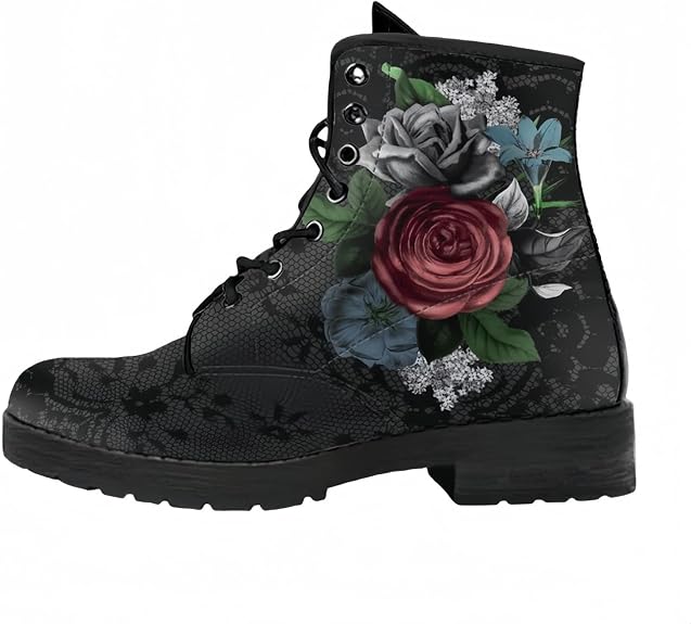 Women's Printed Short Boots Lace-up Block Heel Combat Ankle Booties for Girls Ladies Autumn and Winter Shoes Rose Skull Butterfly FLowers Cartoon Pattern - sugar skull boots