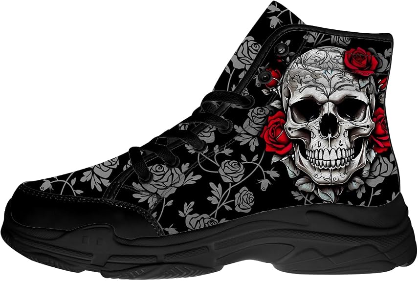 Men's Women's Rose Skull High Top Sneakers,Lace-up Canvas Platform Shoes,Gifts for Her Him - sugar skull boots