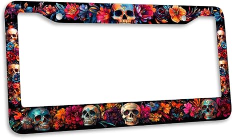 Skull License Plate Frame Bloom Neon Floral Day Dead Halloween Personalise Stainless Steel Metal Car Plates Funny License Plate Frames Decorative for Men Women 6 X 12 Inch with Screws - skull plate